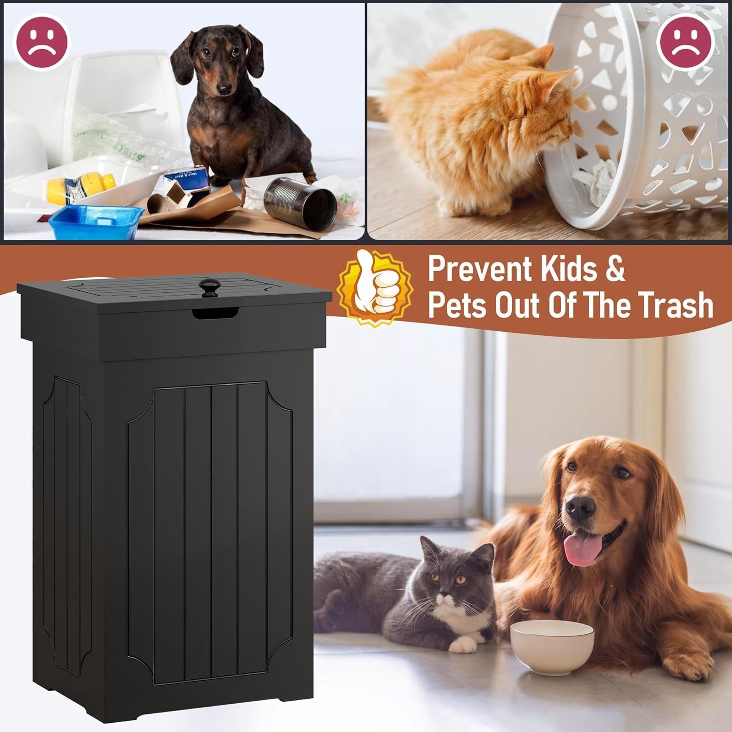 Stylish Black 13 Gal Wooden Trash Cabinet - Abrasion-Resistant & Durable