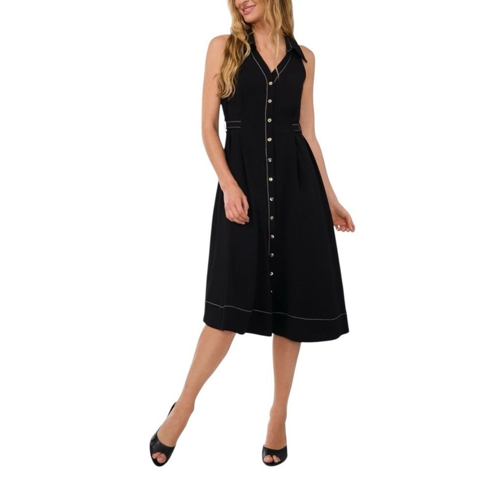 CeCe Crepe Sleeveless Midi Shirtdress Gold Button Belted Black 12 NEW