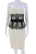 Badgley Mischka Womens Lace Trim Beaded Belt Strapless Dress White Size 6