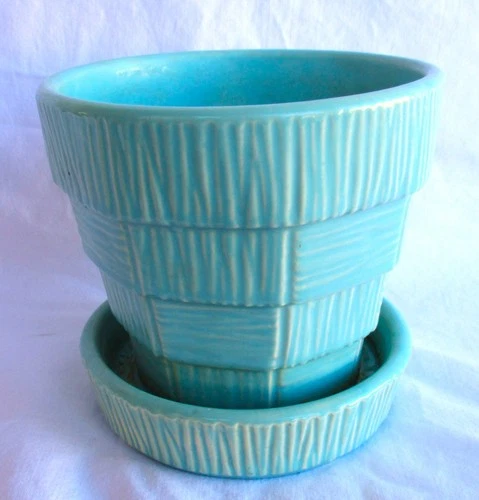 Vintage McCoy USA Turquoise Aqua 5” Basketweave Planter + Attached Saucer