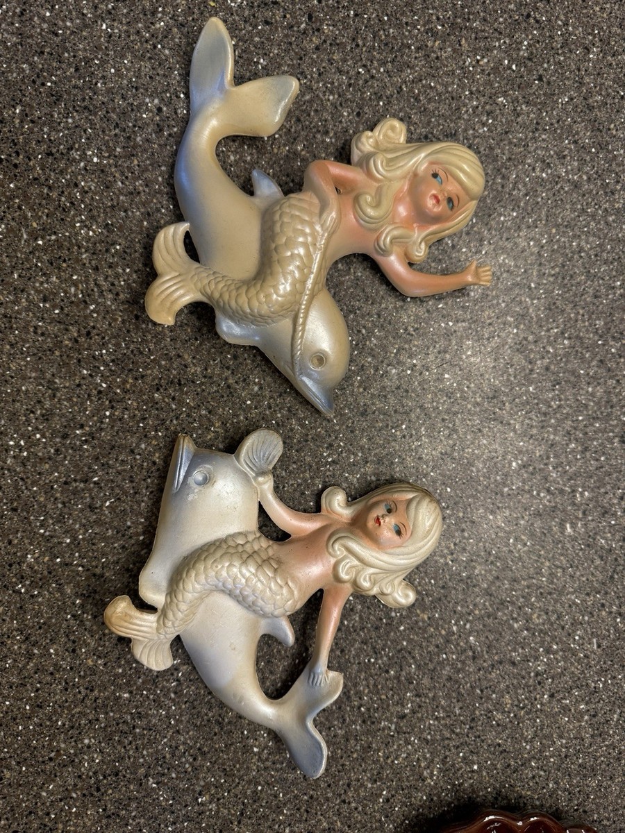 VTG MERMAID ON DOLPHIN WALL PLAQUE SET HONG KONG 1950s MCM LEFTON VTG MERMAID ON DOLPHIN WALL PLAQUE SET HONG KONG 1950s MCM LEFTON