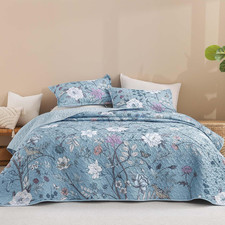 Floral Light Blue Quilt King Size - 3 Pieces Sage Botanical Birds