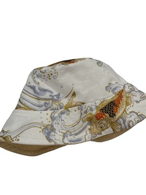 Vintage HIDAGOROMO Japan Reversible Bucket Hat Koi Fish Wave Print Linen Blend