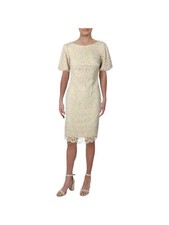 XSCAPE Womens Gold Lace Pouf Sleeve Boat Neck Midi Sheath Dress 4