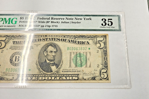 1934C US $5 Dollar Federal Reserve *Star* Note New York Green Seal PMG 35 CVF - Picture 3 of 6