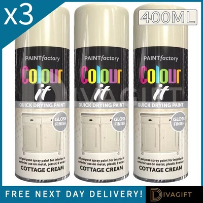 PAINT FACTORY 3 x 400ML COLOUR IT COTTAGE CREAM GLOSS AEROSOL SPRAY PAINT HOUSEHOLD PLASTIC