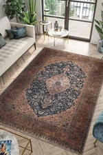 Machine-washable 3×5 rug with non-slip backing; durable, low-pile vintage design