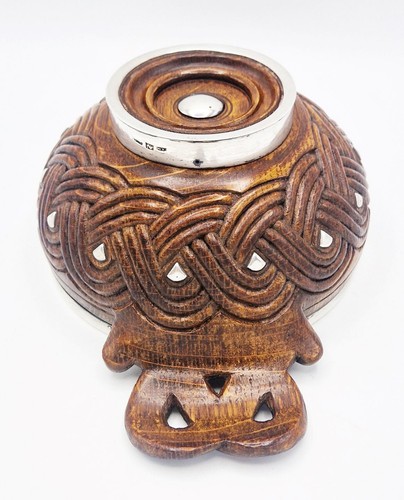 RARE SCOTTISH PROVINCIAL SILVER ARTS & CRAFTS CARVED WOODEN QUAICHE BOWL c1890 - Picture 10 of 14