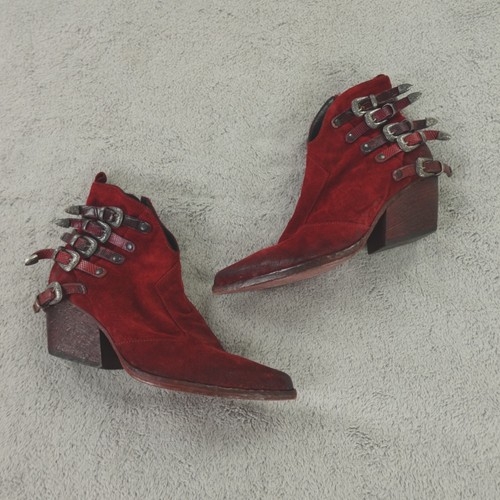 Elena Iachi Boots Womens 36 Red Suede Leather Ankle Low Western Buckle Texan