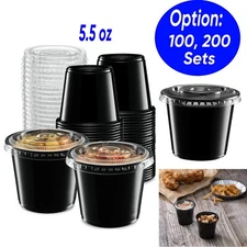 5.5 oz Plastic Black Disposable Portion Cups with Lids for Sauce Cup BPA Free
