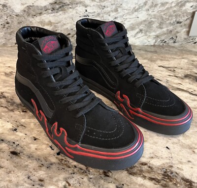 VANS Sk8 Hi Suede Black Red Flame Sneakers - Mens US Size 6 & Womens US Size 7.5