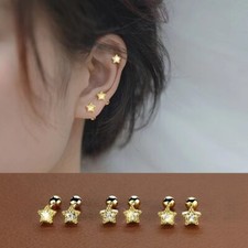 Womens Girls Surgical Steel Small Gold CZ Star Screw Back Stud Earrings 2Pcs