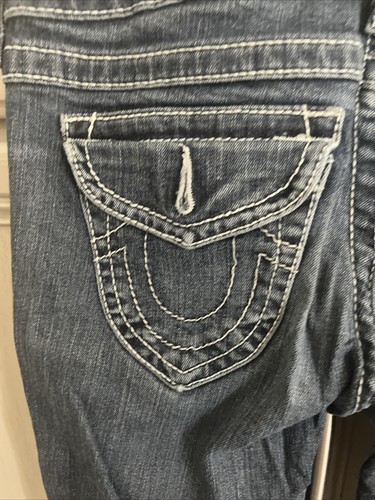 True Religion World Tour,women’s Blue Denim White stitching Bootcut leg Jeans 28 - Picture 14 of 19