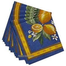 French Provencal 100% Cotton Set of 6 Napkins Lemons Blue - Made in France