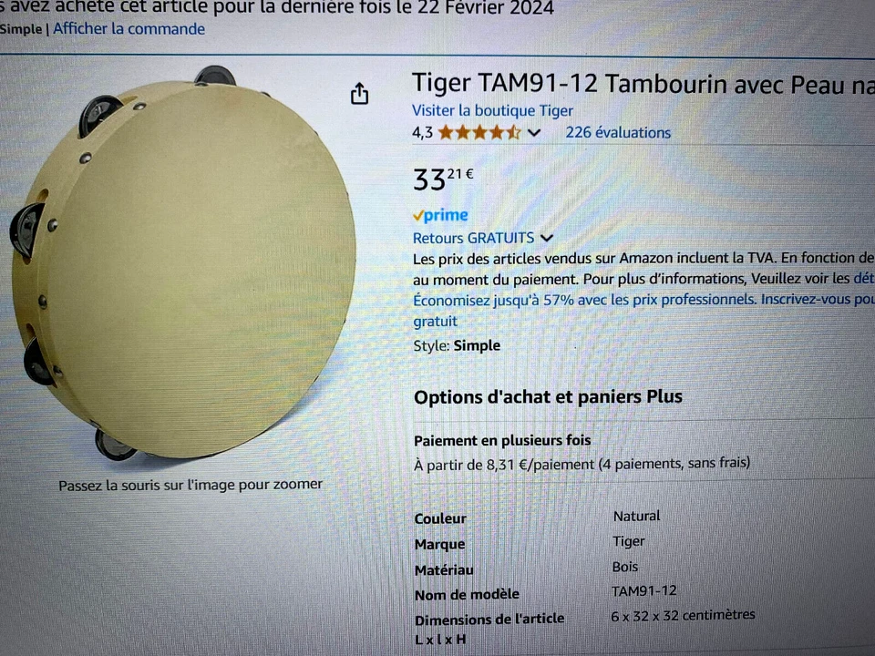 **TAMBOURIN - MARQUE TIGER 30 cm BOIS/CUIR - KARAOKE, ECOLE, DANSE, RYTHMES...** - Photo 4/4