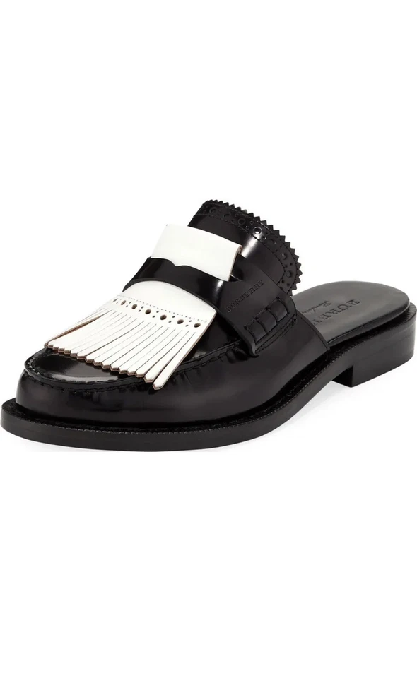 Burberry Beckshill Flecos Contraste Kiltie Flecos Cuero Mules Talla 38 $620.00