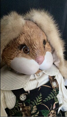 Vintage Rabbit, Porcelain and Plush Bunny, Designer Stuffed Rabbit Doll