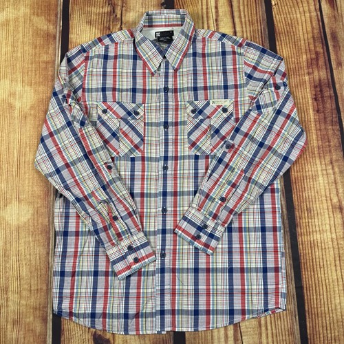 DC Skate Shoes Shirt Men Small Blue Red Long Sleeve Plaid Button Up Roll Tab - Picture 3 of 10