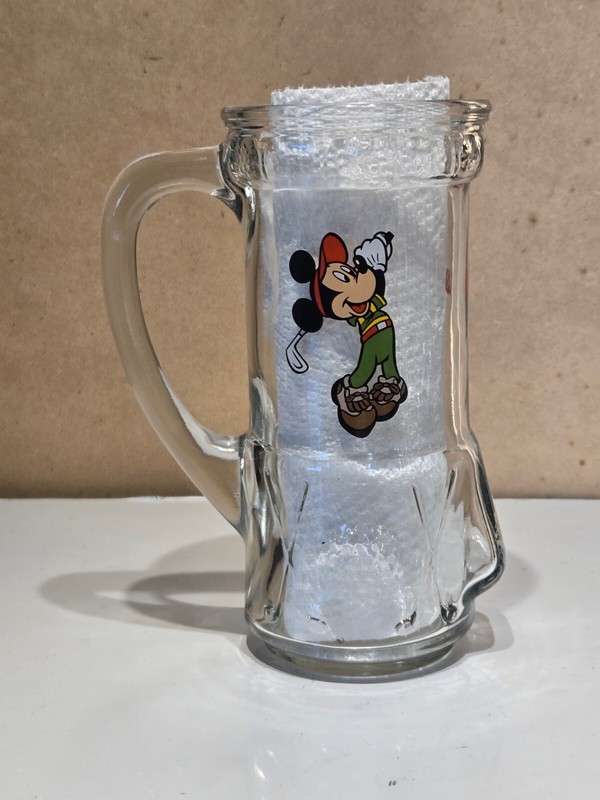 Vintage  Disney Heavy Glass Mug  Mickey Mouse Golf Bag Mickey golfing  