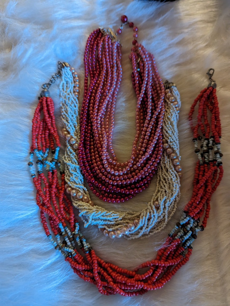 Vintage Seed Bead Statement Necklaces Multi Strand Tribal To Mardi