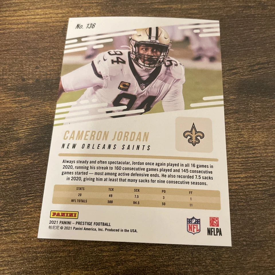 2021 Panini Prestige Sunburst Xtra Points Cameron Jordan New Orleans Saints  - Image 2 of 2