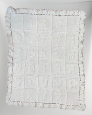 Handmade White Crochet Bobble Stitch ABC  s Baby Blanket Throw Alphabet 33.5 X 26
