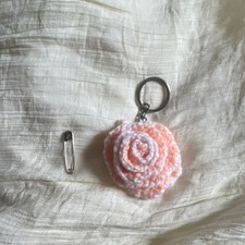 Handmade Crochet Floral Flower Key Chain Pink White Fabric Metal for Women
