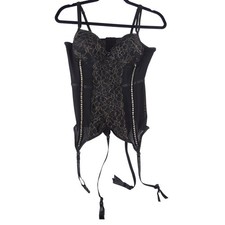 Black Gold Lace Floral Rhinestone Garter Corset Bustier Hook Eye Back S/M
