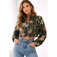 Daisy Floral Tapestry Cropped Jacket Size L Black Zip Front Cottagecore Boho