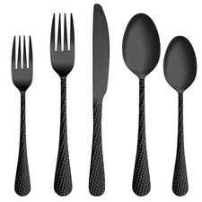 60 Pcs Black Hammered Silverware Set Service for 12,Stainless Steel Flatware ...