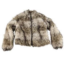 Faux Fur Mob Wife Bomber Jacket Womens Medium Shaggy Fuzzy Long Brown Chunky