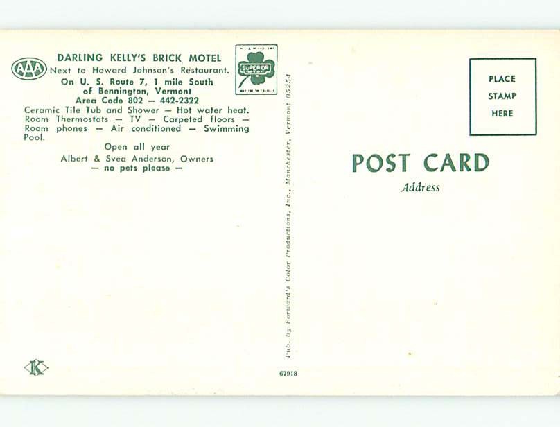 Unused Pre-1980 DARLING KELLY'S BRICK MOTEL Bennington Vermont VT u0581@
