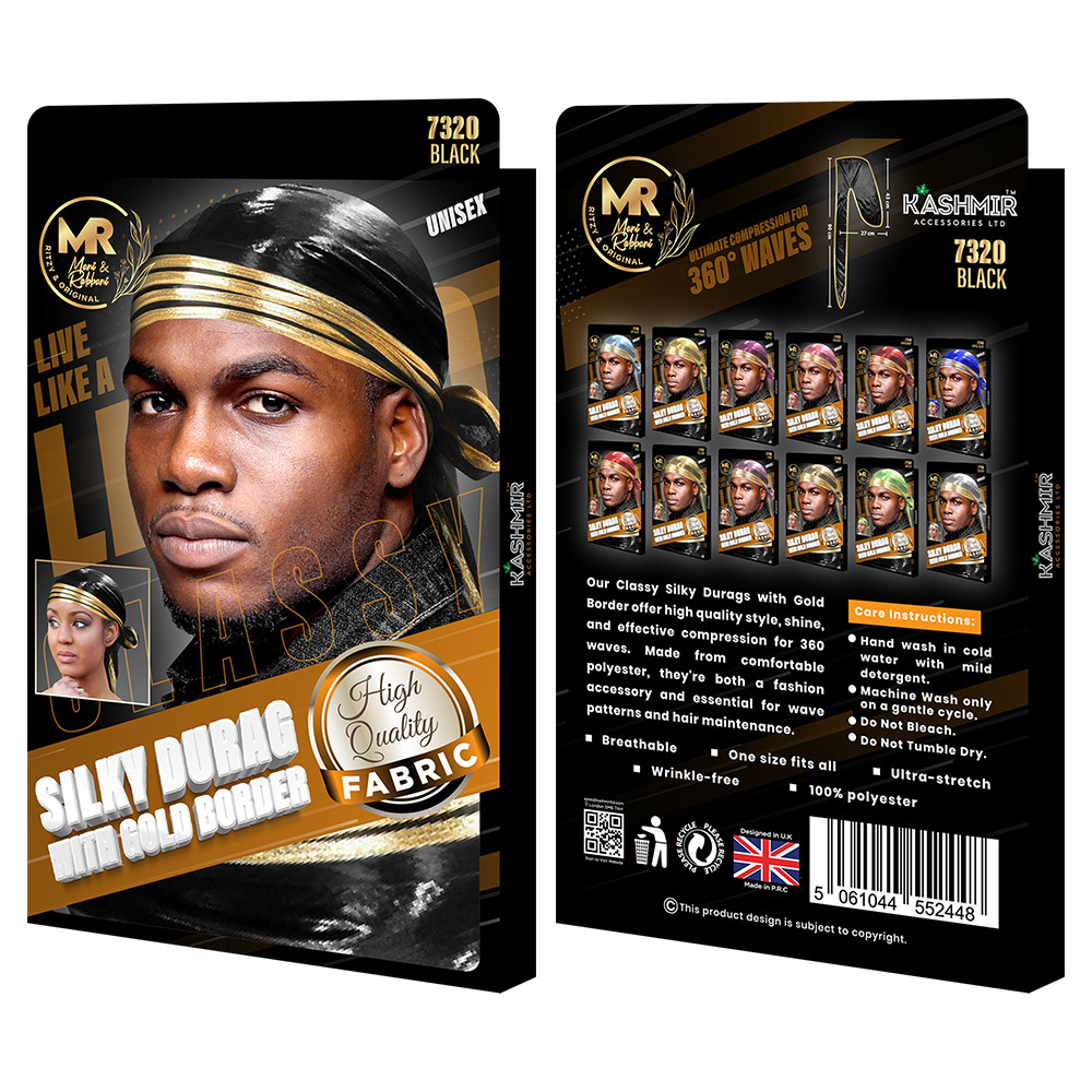Silky Durag with Gold Border for Men & Women – Premium Soft Satin Du Rag