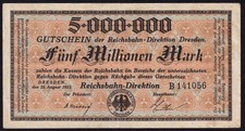 Germany Dreden 5 Million Mark 1923 Vintage Emergency Paper Money Banknote VF