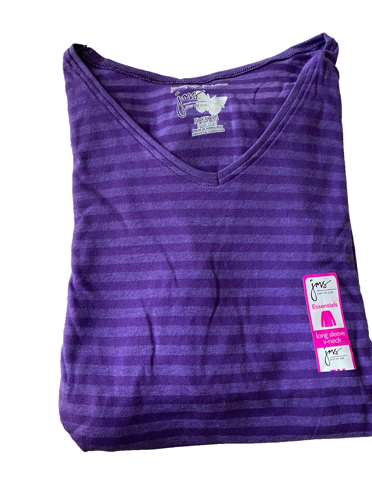 JUST MY SIZE 5X   L/S JERSEY KNIT V NECK STRIPED TEE SHIRT Petunia