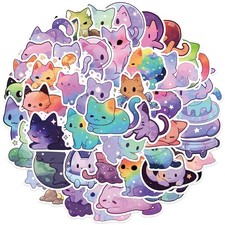 50 Pcs Cartoon Rainbow Starry Sky Cat Stickers, Cute Aesthetic Purple