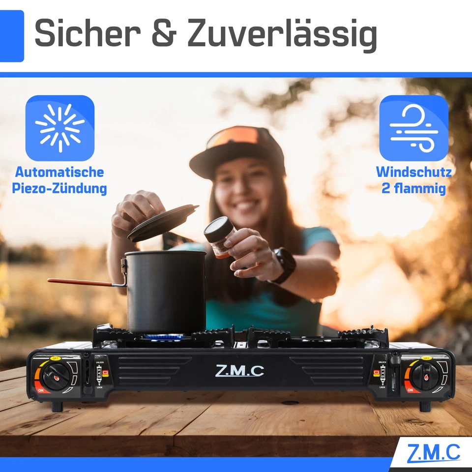 PREMIUM 2 flammig Campingkocher Outdoor Gaskocher Grillplatte +4x Gaskartusche - Bild 4 von 4