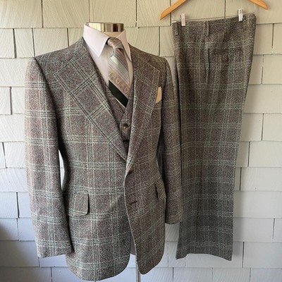 RARE 70s Vintage 3pc Phoenix Brown White Green Plaid Mens Swanky Suit Chest 44