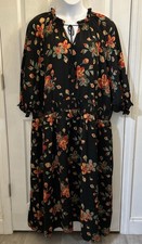 Terra & Sky Black Red Floral Maxi Dress Plus Size 5X 3/4 Sleeve Keyhole Tie Neck