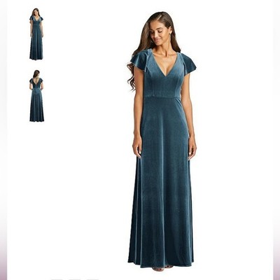 NWT After Six Lux Velvet V-Neck Maxi Low V-Back Flutter Sleeves Dress 0
