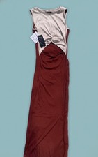 OTEN TwoTone Sleeveless Cutout Twist Front Maxi Dress in Beige and Brown, Size S