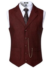 Men's Vintage Slim Fit Suit Vest Formal Prom Party Herringbone Large Burgundy