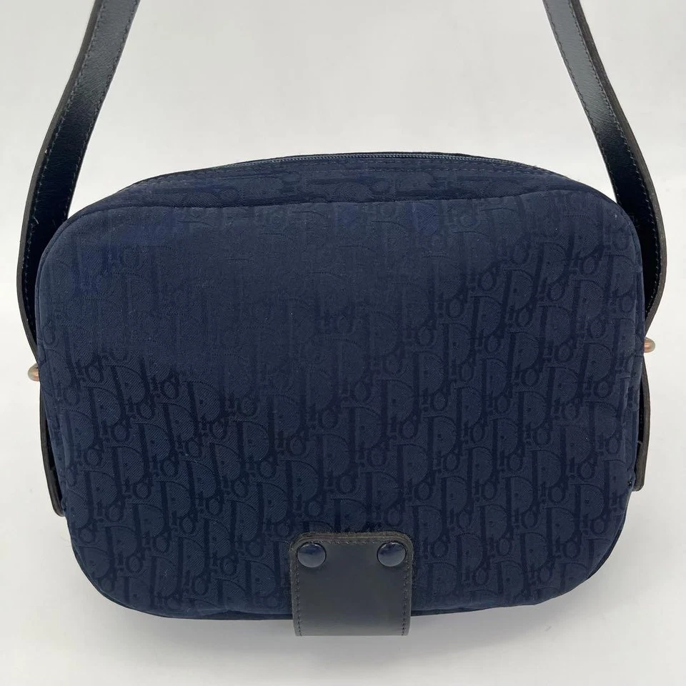 Bolso Bandolera Christian Dior Trotter Azul Marino Lona Cuero Cartera Logo Dorado MBc1043 Foto 3 de 4