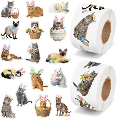 Easter Cat Roll Stickers - 1000 Vinyl Egg and Rabbit Ears Decals, 16 Designs