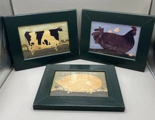 3 WARREN KIMBLE Framed Folk Art Print Cow Pig Chicken Country Farm Primitive 10”