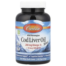 Carlson Labs Wild Norwegian Cod Liver Oil Minis 250 Mini Soft Gels Gluten-Free,