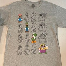 Mario Brother Nintendo Gray Graphic T-Shirt Vintage Style Retro Large Tee Cotton