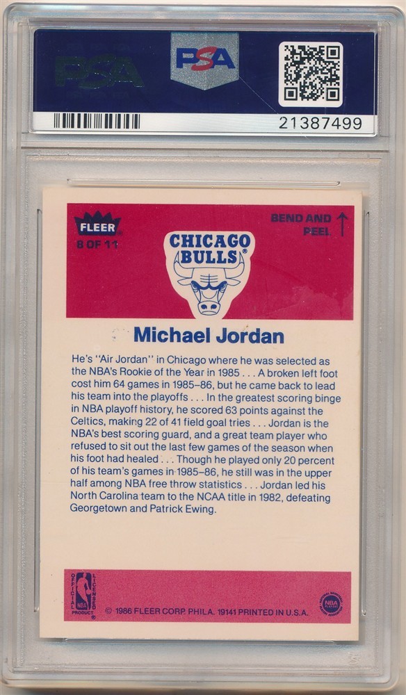 MICHAEL JORDAN 1986/87 FLEER #8 RC ROOKIE STICKER CHICAGO BULLS SP PSA 7 NM (ST) view 2