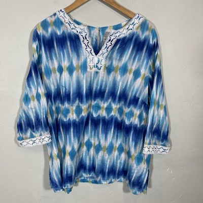 Alfred Dunner Blue/aqua Tunic 3/4 Sleeve Embroidered Trim Sz 16 W