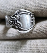 Spoon Ring Rose Patterned Adjustable Ring Antique Silver Plated Brass Size 7